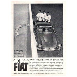 1963 Fiat Spider Roadster Convertible Vintage Print Ad Girl Diving Bikini Tuxedo